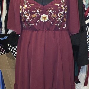 Chic Maroon Embroidered Mini Dress